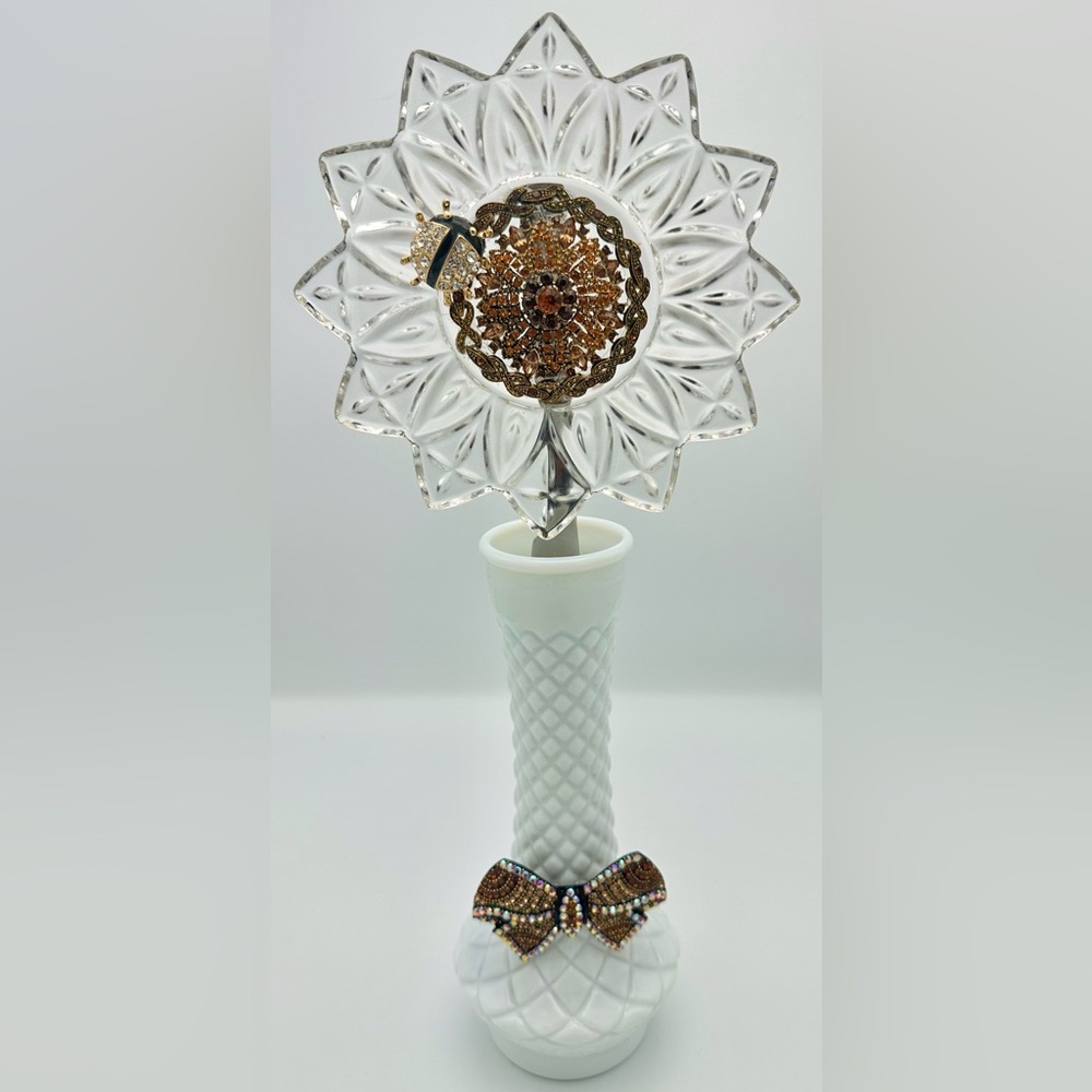 14” Glass Sunflower in Milk Glass Vase | Repurposed Jewelry & Upcycled Art